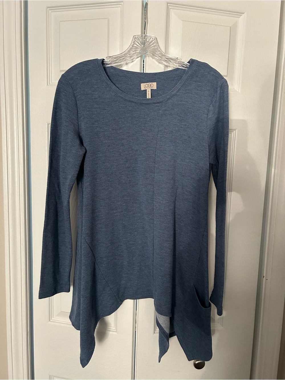LOGO by Lori Goldstein Denim-Blue Long Sleeve Handkerchief Hem Tunic